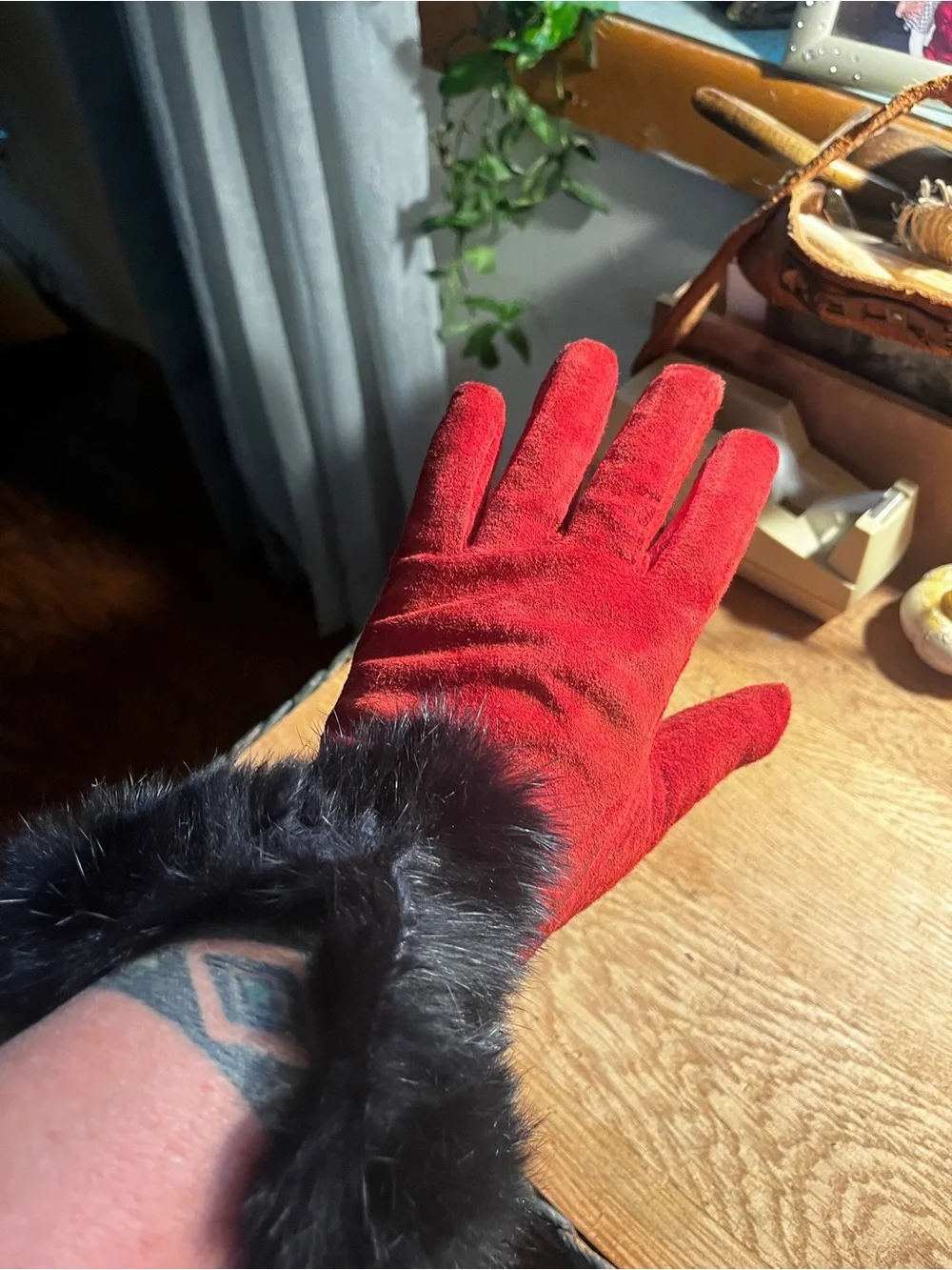 Genuine, red suede leather with rabbit fur!!